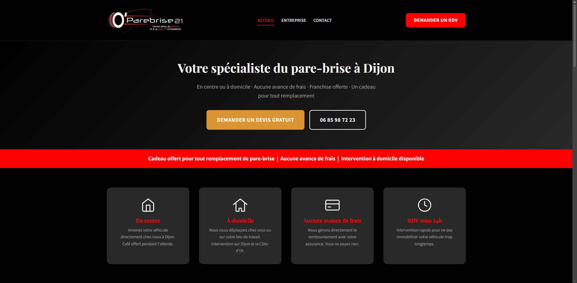 Page d'accueil du site vitrine Oparebrise21 : présentation des services de réparation pare-brise